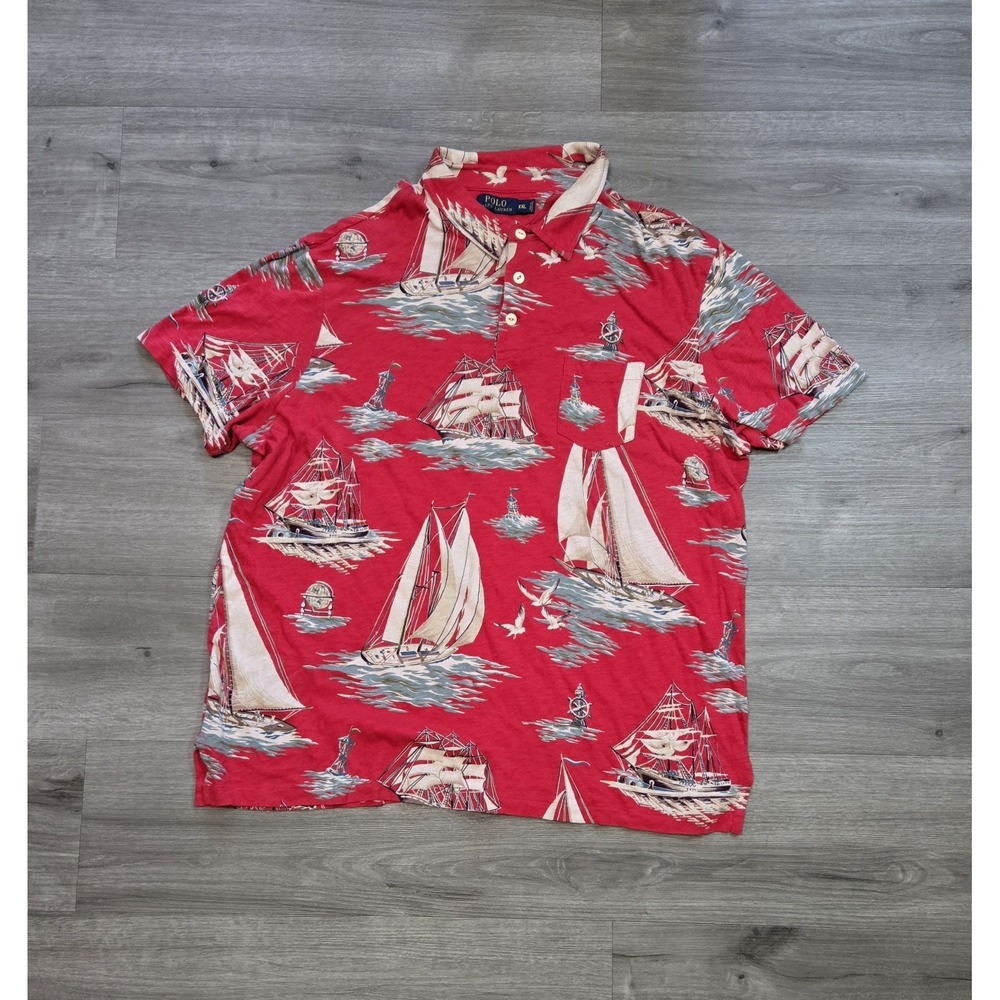 Polo Ralph Lauren Shirt Mens 2XL Red Cotton Sailboat Print Pocket Nautical